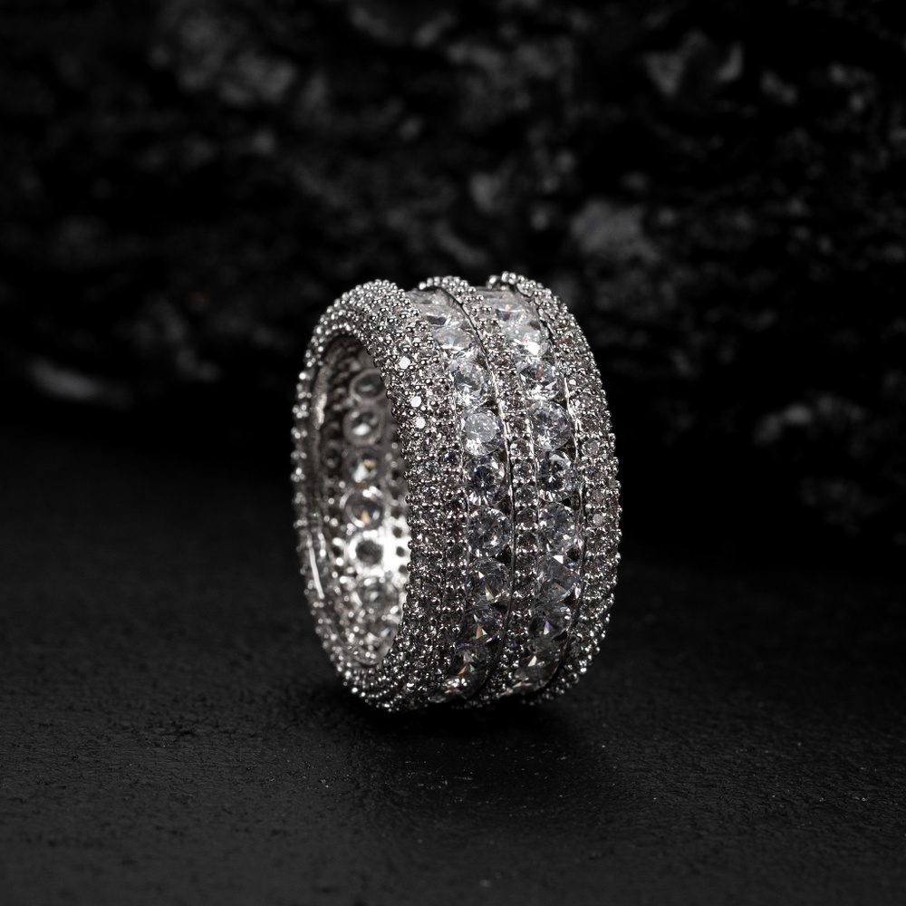 Men's White Gold Plated Iced Cz Two Row Pointer Hip Hop Elegant Eternity Ring